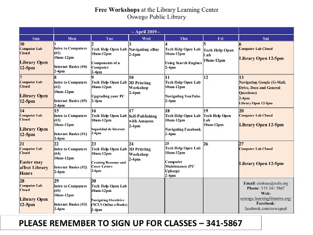 April 2019 Events at Oswego Public Library