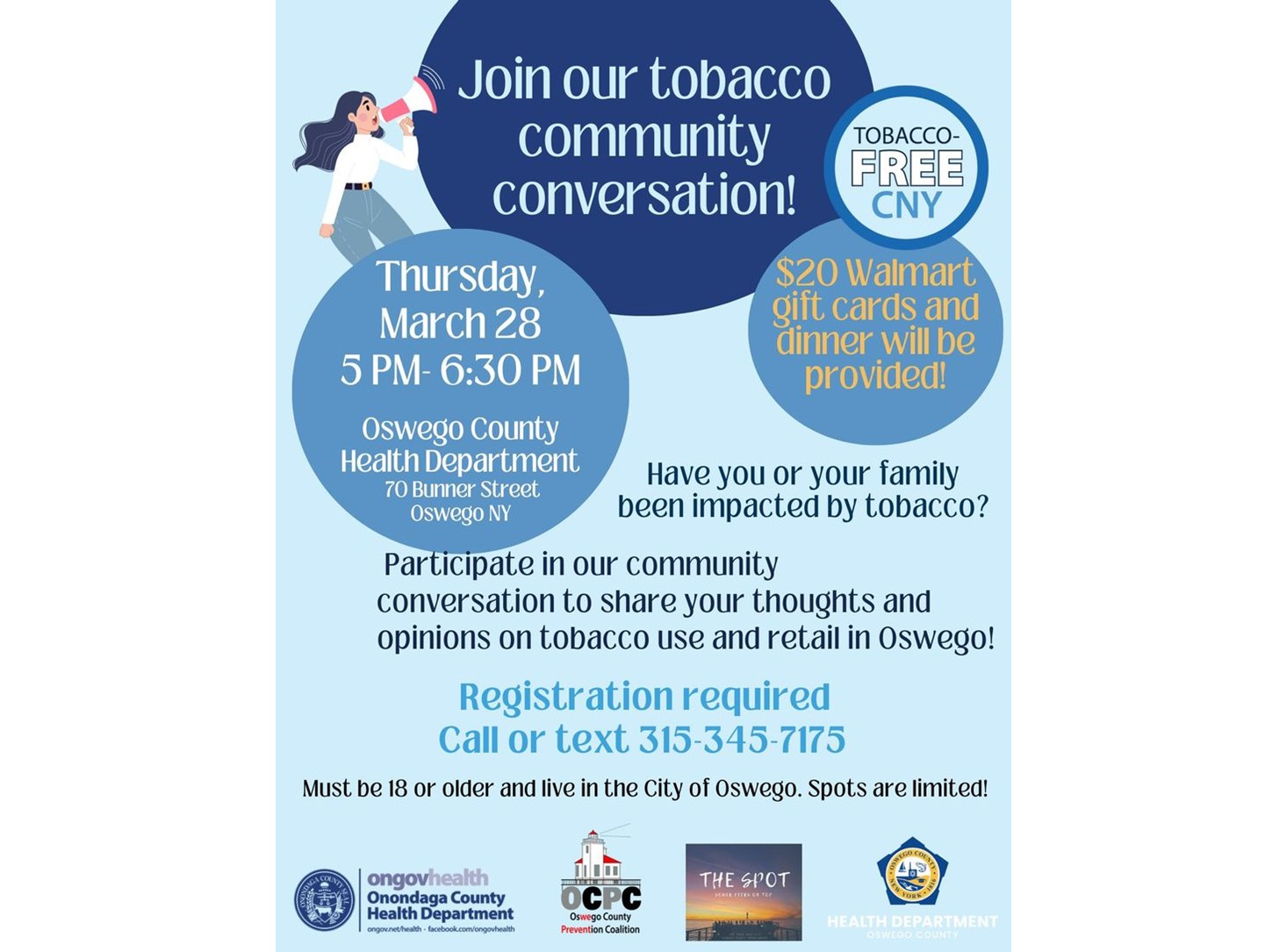 Share Your Thoughts on Tobacco Use and Marketing on March 28th  Free Dinner for Participating City of Oswego Residents!