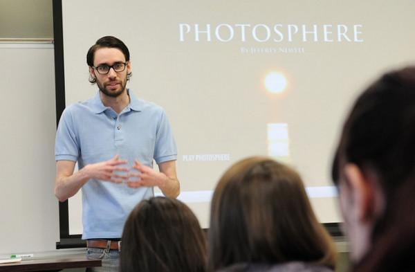 Artistic achievement -- Master&#039;s of graphic design candidate Jeffrey Newell, shown talking to a class about his award-winning film &quot;Photosphere,&quot; is among around 530 SUNY Oswego students who will take forward hands-on lessons and degrees after December Commencement on Dec. 14.