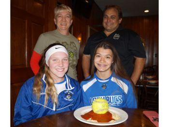 SPAGHETTI &amp; SOFTBALLS? Michaela Bradshaw (seated left) and Kennedy Shurtleff (seated right) help plan the upcoming spaghetti dinner for the Oswego High School girls&#039; softball team. Dinner will be served from 5:00 - 7:00 pm on Tuesday, November 15 at the Elks&#039; Lodge. The event is a community effort featuring Canale&#039;s spaghetti; meatballs courtesy of Bosco&#039;s and Davis Meats; Garafolo&#039;s Italian bread; and salad provided by C&#039;s Farms. Looking on are Maria Johnson of C&#039;s Farms and Nick Canale, Jr. of Canale&#039;s. Tickets can be obtained from any OHS softball player or at the door. Adult dinners are $9, children ages 6-12 and senior citizens $8.
