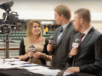 Award-winning promo -- A promotional video for SUNY Oswego student-run TV station WTOP produced by 2018 broadcasting graduate Griffin Bruce -- using archival footage, original music and clips of students in action (like covering a Laker hockey game, pictured) -- recently earned a fourth-place award in a large national competition, presented at College Broadcasters Inc.&#039;s National Student Electronic Media Convention in Seattle.