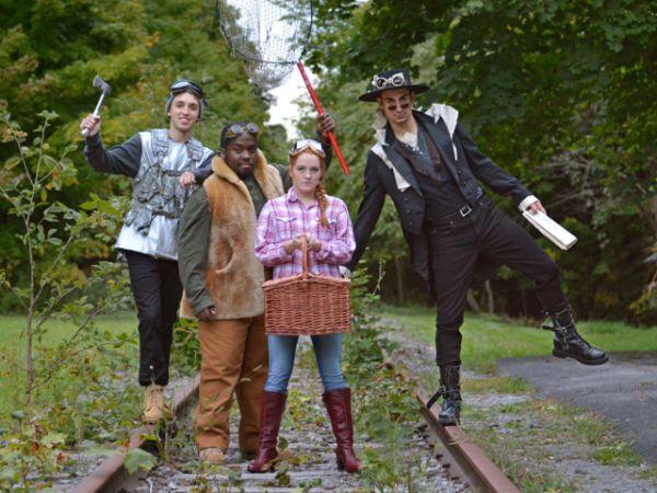 Steampunk story -- SUNY Oswego&#039;s adaptation of &quot;The Wizard of Oz&quot; uses train hopping as a metaphor for life&#039;s journey, starring (from left) Seth Prevratil as Tin Man, Dwan Hameed as Cowardly Lion, Megan VanVorce as Dorothy and Anthony Sagrestano as Scarecrow. The newly renovated and modernized Waterman Theatre of Tyler Hall provides the stage for the production, which previews on Oct. 20 and runs Oct. 21, 22 (matinee), 27, 28 and 29 (matinee).