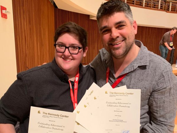 Theatre awards -- SUNY Oswego senior theatre major Kiersten Mickle and faculty member Toby Malone celebrate one of two awards the department and its students won during the recent l Kennedy Center American College Theater Festival in College Park, Maryland.